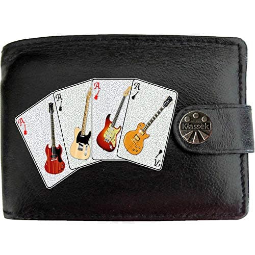 Image of Klassek Electric Guitar Cards Rock Music Mens Wallet Real Black Leather RFID Blocking with Coin Pocket and Metal Gift Box