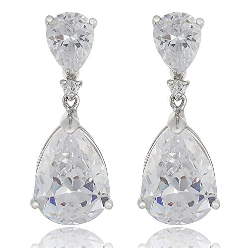 Image of [RIZILIA CELEBOX] Teardrop Dangle Pierced Earrings with Pear Cut Gemstones CZ [White Topaz] in 18K White Gold Plated, Celebrity inspired by Angelina Jolie