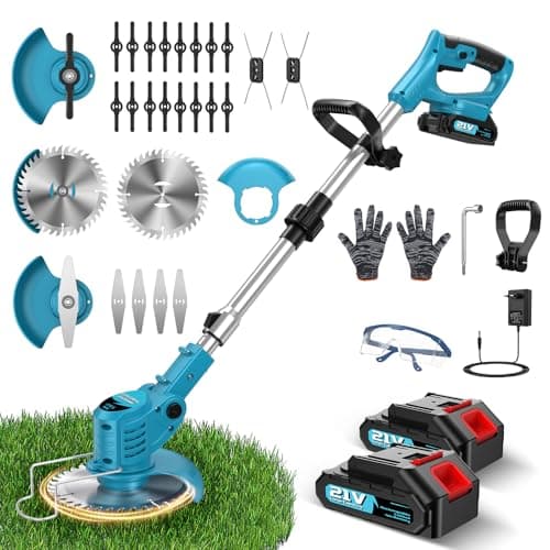 Image of Cordless Strimmer 21V, 4 in 1 Grass Trimmer 800W, 28 Blade Telescopic 90° Head 2 * 4000mAh Battery Dual Switch Foldable Lightweight for Lawn Garden Grass Cutter (Blue)