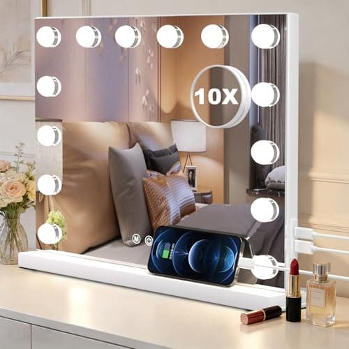 Image of SURFOU 50 x 42cm Vanity Mirror Hollywood Mirror with Lights, LED Makeup Mirror, 3 Color Modes & Adjustable Brightness, Wall Mount or Tabletop with 10X Magnification, LED Bulbs, Touch Control, White