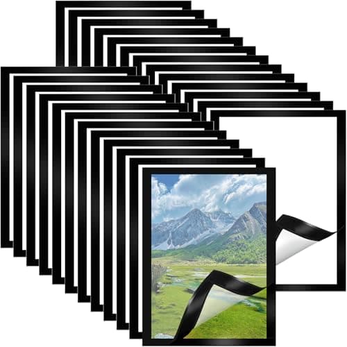 Image of Hlimior 25 Pack A4 Magnetic Photo Frames Self Adhesive, Quick Change Picture Frames for Wall & Window, Waterproof Magnetic Sign Holder for Kids Art, Certificates, Menus & Notices (Black)