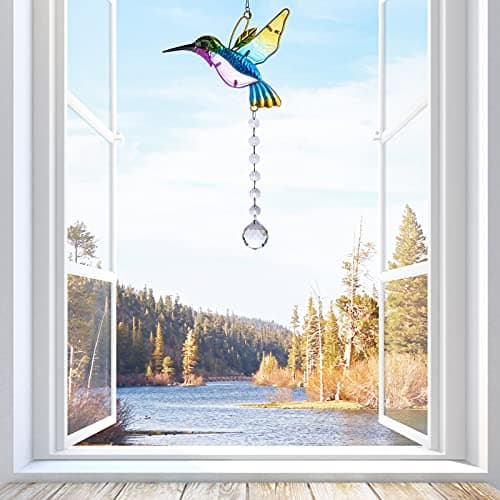 Image of SUHANIOP Crystal Suncatcher Hummingbird, Stained Glass Window Hanging Rainbow Maker for Indoor Outdoor Home Garden Office Decoration, Gifts for Women Girls Bird Lovers