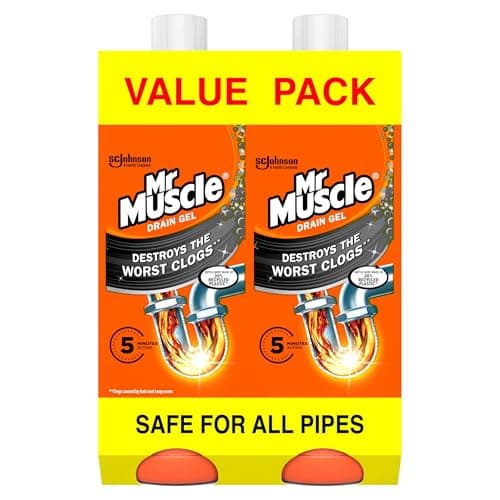 Image of Mr Muscle Drain Unblocker Liquid (2 x 1L), Sink & Drain Cleaner, Strong & Fast Acting Heavy Duty Gel Formula, Dissolves Clogs, Works 3x Better Than Bleach, Safe for All Pipes
