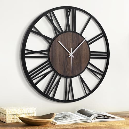 Image of Jassurance 20IN Large Wall Clocks Battery Operated Black, Silent Wooden Metal Wall Clock for Living Room Decor, Kitchen Decorative Wall Clock Modern (Dark Wood, Roman-20IN)