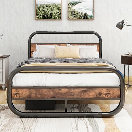 Image of HOMERECOMMEND King Size Bed Frame with Headboard,Oval-Shaped Platform Bed with Under-Bed Storage,Steel Slats Mattress Foundation Round Pipe Design,Brown