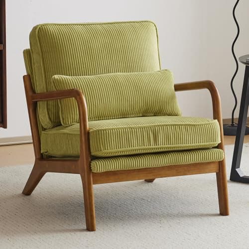 Image of Bonnlo Accent Chair, Soild Wood Padding Lounge Armchairs, Occasional Reading Chair with Cushions and Lumbar Pillow, Armchairs for Living Room, Bedroom, Guest Room, Corduroy, Green