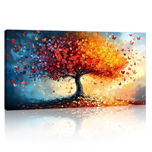 Image of Large Orange Red Tree of Life Tree Canvas Wall Art, Framed Abstract Colorful Butterflies Trees Paintings Nature Plants Canvas Prints Wall Pictures Artwork for Living Room Bedroom Home Decor 50x100cm