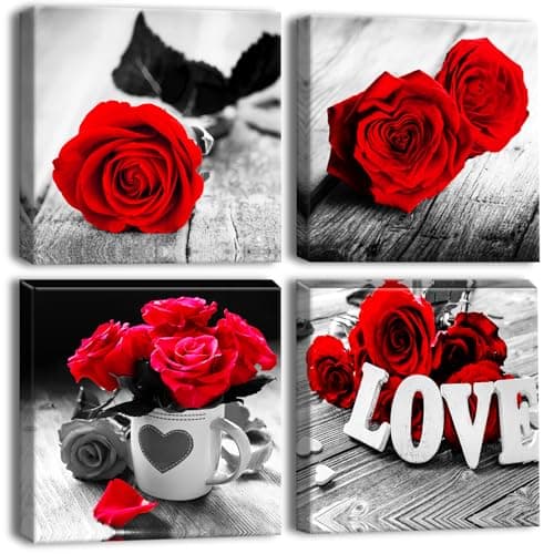 Image of Artscope 4 Pieces Wall Art Canvas Prints - Romantic Red Rose Picture Painting- Modern Wall Artwork Framed for Bathroom Home Office Decor - 30 x 30 CM