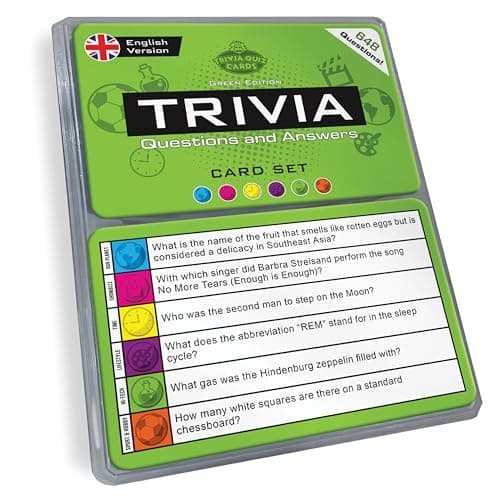 Image of Trivia Quiz Cards Set (English Edition) | 648 Unique Question Cards from 6 Categories in a Travel Box | Pub Games for Adults, & Fun Party Game for Friends & Families (Green Edition)