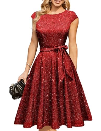 Image of DRESSTELLS Cocktail Dresses for Women Wedding Guest 2025 Sparkly Holiday Prom Party Dress, Sequin Modest Mother of Bride Midi Dress Glitter DarkRed S
