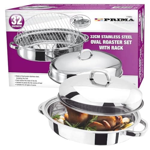 Image of New 32CM Stainless Steel Roasting Tray PAN Set LID Handle Oval Kitchen Cooking Oven Baking | Durable Long Lasting | Removable Drain Rack | Nested LID