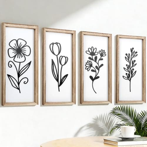 Image of YiYa 4 Piece 3D Wooden Floral Wall Art Decorative Wooden Wall Art Farmhouse Bohemian Wall Art for Living Room Bedroom Office Kitchen Wall Decor(Black)
