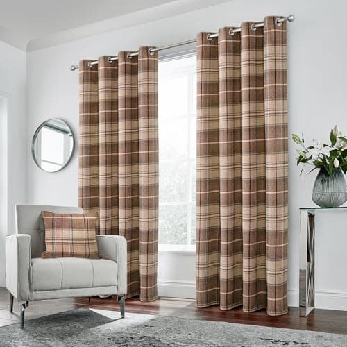 Image of always4u 100% Blackout Curtains Check Eyelet Bedroom Tartan Curtain Plaid Brushed Cheque Pair of Highland Woolen Look Window Treatment for Living Room Light Coffee 66 * 90 Inches