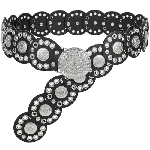 Image of JASGOOD Women Western Vintage Disc Waist Belts Wide Concho Leather Boho Waist Belts for Dress Jeans, Silver Black, S