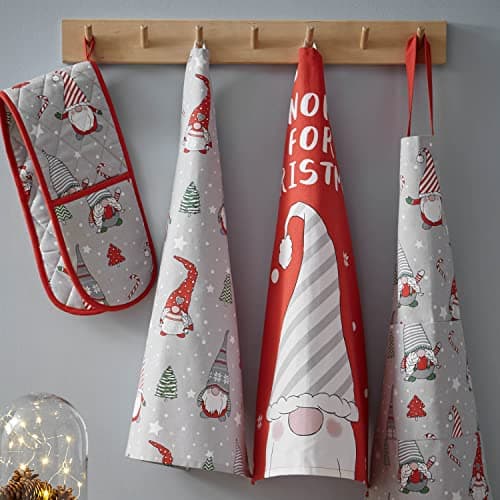 Image of Catherine Lansfield Christmas Gnomes Cotton 50x75cm Kitchen Tea Towel Pack of 4 Grey Red
