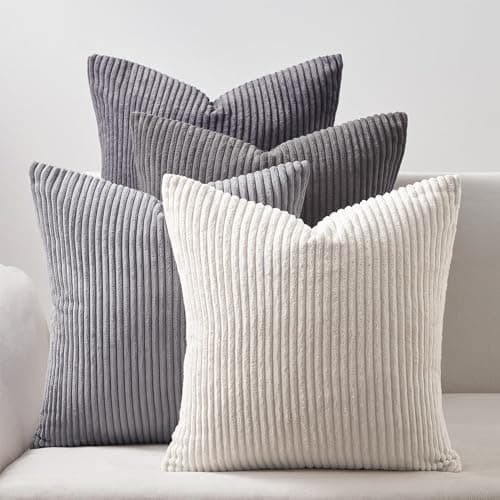 Image of Topfinel Grey Cushion Covers 50cm x 50cm Winter Sofa Bed Colorful Cushions Soft Pillow Case 20x20 Corduroy Scatter Decorative Cushions Pillow Cover for Livingroom Bedroom Invisible Zipper,Set of 4