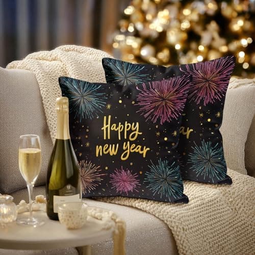 Image of HOMETITUTE Set of 2 Linen Happy New Year Throw Pillow Covers 18x18 Inch Gold Black Colorful Fireworks Cushion Covers Rustic Farmhouse Holiday Winter Pillow Cases for Sofa Couch Bed Home Decor