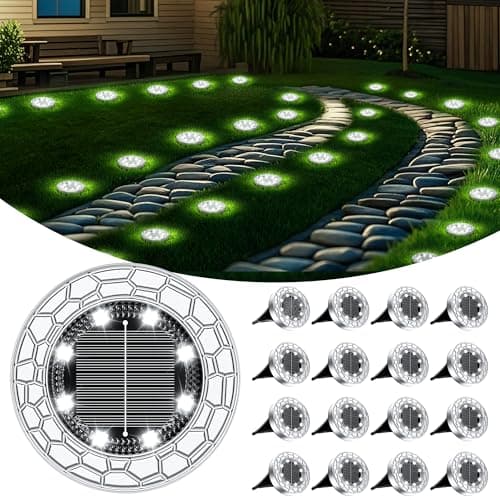 Image of FIFlying Solar Lights Outdoor Garden, 16 Pack Cold White 8 LED Stone Design Stainless Steel Solar Garden Lights, IP65 Waterproof Ground Light for Pathway, Lawn, Yard Decorative Lighting