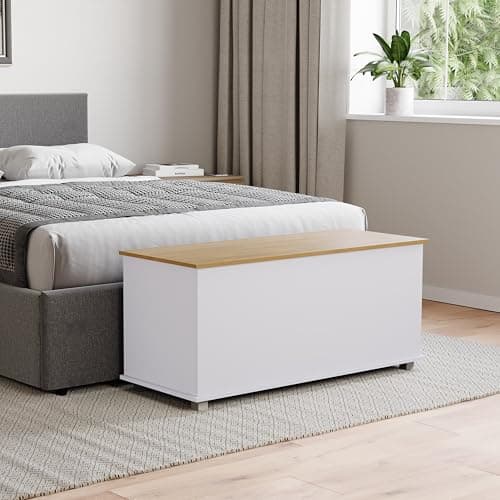 Image of Vida Designs Arlington Storage Ottoman Bench, 100 x 40 x 48 cm - Blanket Box with Lift-Up Lid & Safety Hinges, foor Hallway, Bedroom, Living room, White