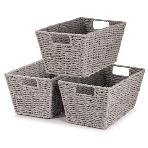 Image of woodluv Storage Basket for Shelves, Woven Wicker Paper rope storage boxes, Baskets for Organizing, Gift Hamper Basket, Decorative Baskets Grey - L30.5 x W18.5 x 14.5 (H)