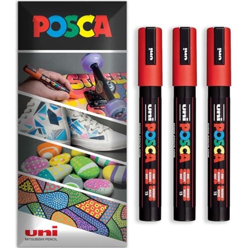 Image of Posca Water Based Acrylic Paint Marker Pens | Multi Surface Use Permanent Paint Pen | Pack of 3 Pens in Envelope Gift Packaging | Glass, Fabric, Canvas, Wood etc | PC-5M, Red