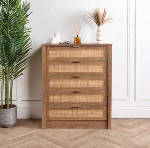 Image of Home Treats Rattan Storage Chest of 5 Drawers, Wooden Organiser for Bedroom, Living Room, Office Furniture