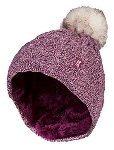 Image of HEAT HOLDERS - Ladies Warm Knit Fleece Lined Cuffed Thermal Winter Bobble Hat with Pom Pom (One Size, Pink)