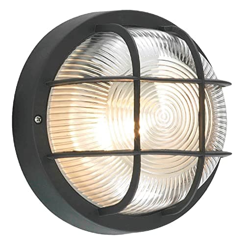 Image of Britalia Black & Ribbed Glass Outdoor Vintage Round Flush Bulkhead Wall Light | 180mm Diameter | IP44 Rated | 1 x ES E27 Lamp Bulb Required | Bathroom Use | UK Approved