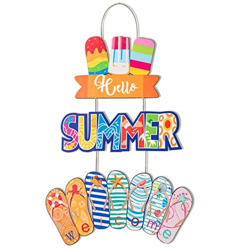 Image of 3Pcs Hello Summer Hanging Door Sign Decor Beach Welcome Sign Plaque Wooden Summer Home Decor Ice Cream Slippers Beach Hanging Decor With Ropes for Farmhouse Wall Beach Theme Indoor Outdoor Garden Yard