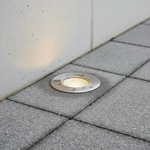 Image of Ultra Beam Lighting 9W Stainless Steel LED Ground Light IP67 – 800lm Warm White 3000K – Recessed Outdoor Deck, Patio & Pathway Uplight – 316 Stainless Faceplate, Tempered Glass, 20,000h Life