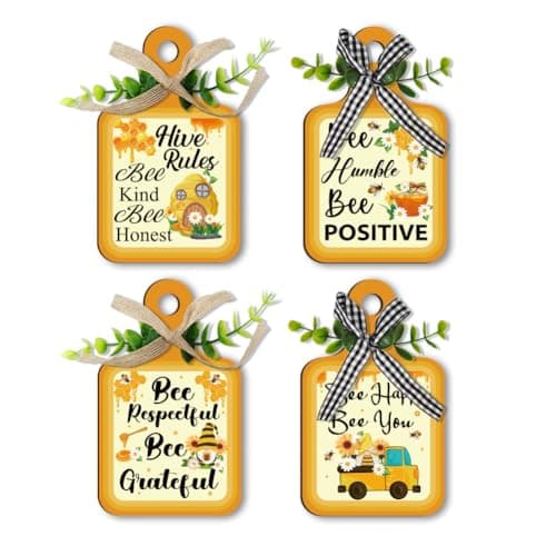 Image of PH PandaHall 4 Styles Bee Wooden Sign, Wall Decor Eat Wood Cutting Board Sign Yellow Hive Rules Farmhouse Tiered Tray with Hemp Rope Hanging Wall Decor for Home Kitchen Dining Living Room Bar