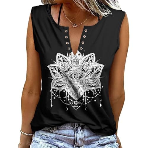 Image of heekpek Women Vest Tops V Neck Casual Summer Tee Tops Sleeveless Cotton Graphic Print Ladies Vests Tank Tops, Mandala, L