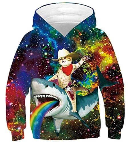 Image of Big Boys Cat Shark Hoodie 3D Galaxy Print Pullover Youth Casual Teal Loose Fit Sweatshirts Size 12-14 Teenagers Fashion Long Sleeve Jerseys Girls Round Neck Hooys with Pocket, Captain Cat 12T-14T,