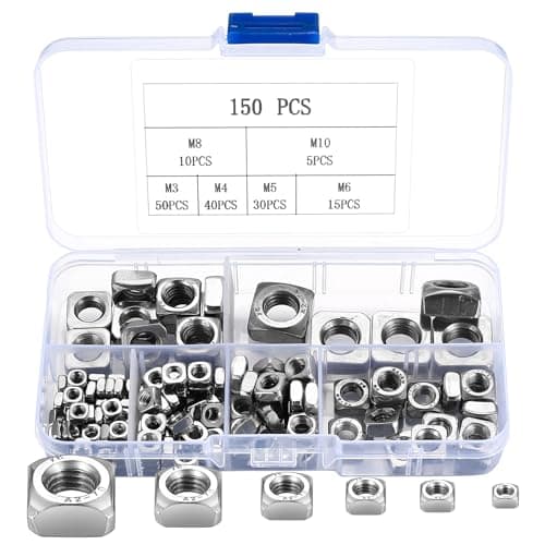 Image of Square Nut, 150 Pieces Stainless Steel Square Nuts, Thread Nuts, M3 M4 M5 M6 M8 M10 Screw Nut Assortment Set for Wood Furniture (silver)