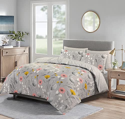 Image of SeventhStitch Print Duvet Cover 100% Egyptian Cotton Silver Grey Floral Bedding Set 200 Thread Count Quilt Covers with Pillowcases Double King Super King Bed Size (Silver Floral, Double) (SF-11)