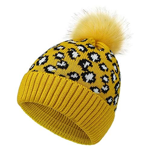 Image of Leopard Women Pom Pom Knitted Beanie Hat Winter Warm Cap Bobble Hat (Yellow)
