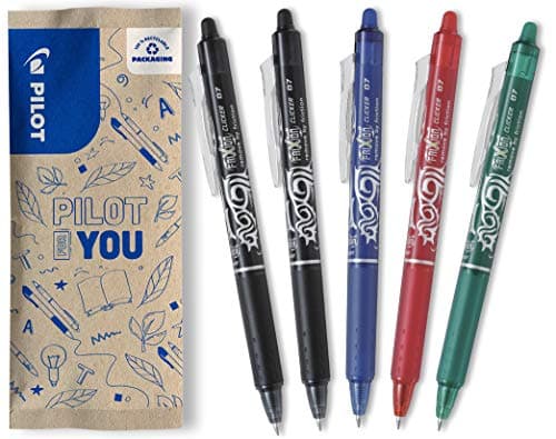 Image of PILOT - FriXion Ball Clicker Erasable Pen - 0.7mm Tip Rollerball - 5 x Assorted Colour Pens - Black, Blue, Red, Green