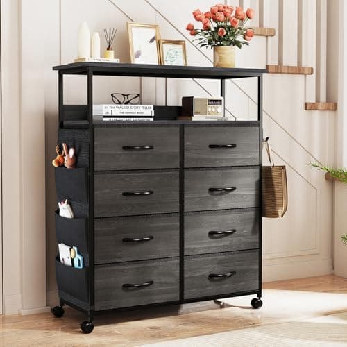 Image of YOUDENOVA Chest of Drawers, 8 Drawer Fabric Dresser with Wood Top Shelf, Side Hooks & Hanging Bag, Rolling Wheels, Large Storage Organizer for Bedroom, Living Room, Easy to Assemble, Dark Grey