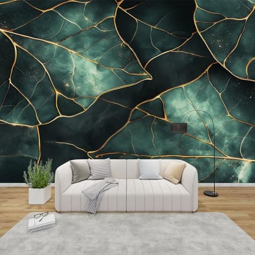 Image of AevuCub Black Marble Wallpaper for Living Room - Abstract Green Leaves Wall Murals for Bedrooms, Modern Leaf Print Wall Art, Non-Woven Photo Wallpaper 3D Effect, 450x315 cm