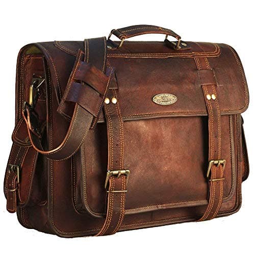 Image of HULSH Leather Laptop Bags for Men and Women, Brown, Large, Retro Satchel Messenger Bag, 18 Inch, Fits Up to 18 Inch Laptops, 3 Main Compartments, 8 Pockets, Crossbody Shoulder Strap