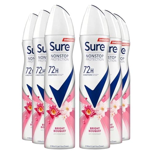 Image of Sure Antiperspirant 72H Nonstop Sweat and Odour Protection Alcohol-Free Body Spray Anti-White Markswith Fresh and Clean Multi Fragrance Deodorant for Women, 250ml (Bright Bouquet, Buy 6)