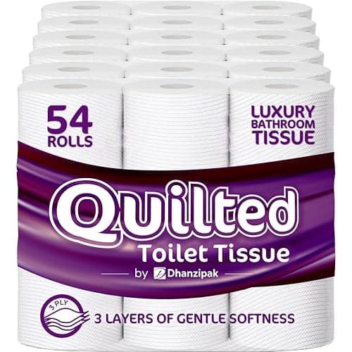 Image of DHANZIPAK 54 Rolls of 3-Ply Premium Quilted Toilet Paper | Generous Length per Roll | Luxuriously Soft, Strong & Highly Absorbent Toilet Tissue