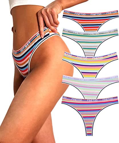 Image of FINETOO Pack of 5 Thong Women's Cotton with Low Waist Sports Waistband Thongs Underpants Women Colourful Stripes Multipack S-XL