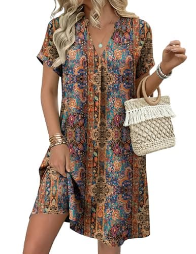 Image of Zeagoo Womens Summer V Neck Dresses Short Sleeve Casual T Shirt Dress Floral Elegant Holiday Beach Dresses with Pockets Multicolor XXL