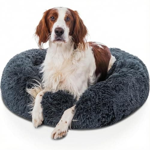 Image of Woof & Whiskers Calming Donut Dog Bed Large 80cm – Dark Grey | Anti-Anxiety Round Plush Pet Bed for Dogs & Cats, Non-Slip Base, Machine Washable, Soft & Comfortable (Dark Grey, 80cm)