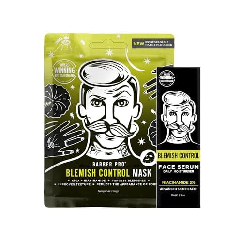 Image of BARBER PRO BLEMISH CONTROL DUO 2-in-1 Mens Face Mask & Serum Prevent Breakouts & Improve Skin Texture Cica & Niacinamide Natural Vegan Skincare 100% Biodegradable Multi Award Winning Brand