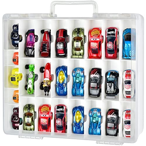 Image of FULLCASE Toys Organizer Storage Compatible with Hot Wheels Car, Container for Matchbox Cars, Mini Toy, Small Dolls, Double Sided Carrying Box for Hotwheels - 48 Compartments (Case Only) White