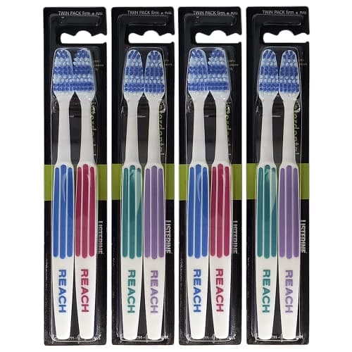 Image of REACH Essential Care Interdental Firm Toothbrush, Duo Pack x 4, Full Head Hard Bristle Manual Toothbrushes, Variety Colors Multipack, Daily Oral Enamel Dental Care Blue+red, Green+Purple