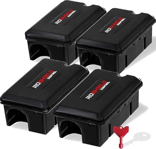 Image of Roshield Compact Rodent Bait Stations for Rats & Mice, Tamper-Resistant, Reusable, Durable, Weatherproof & Safe for Indoor & Outdoor Use, Secure Lock & Metal Rod for Pest Management (4 Pack, Empty)