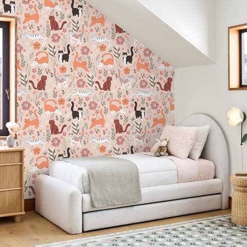 Image of VEELIKE Pink Chasing Cat Wallpaper Self Adhesive Cute Kitten Floral Peel and Stick Wallpaper for Kids Room Playroom 44.5cm x 300cm Pink Animal Contact Paper Removable Nursery Patterned